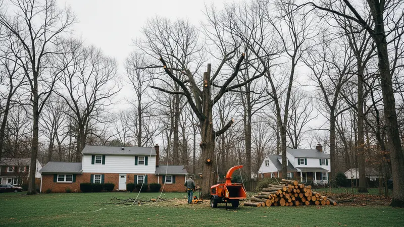 A mature oak taken down in sections, rigged rather than felled Tree service work in Howard County, MD.